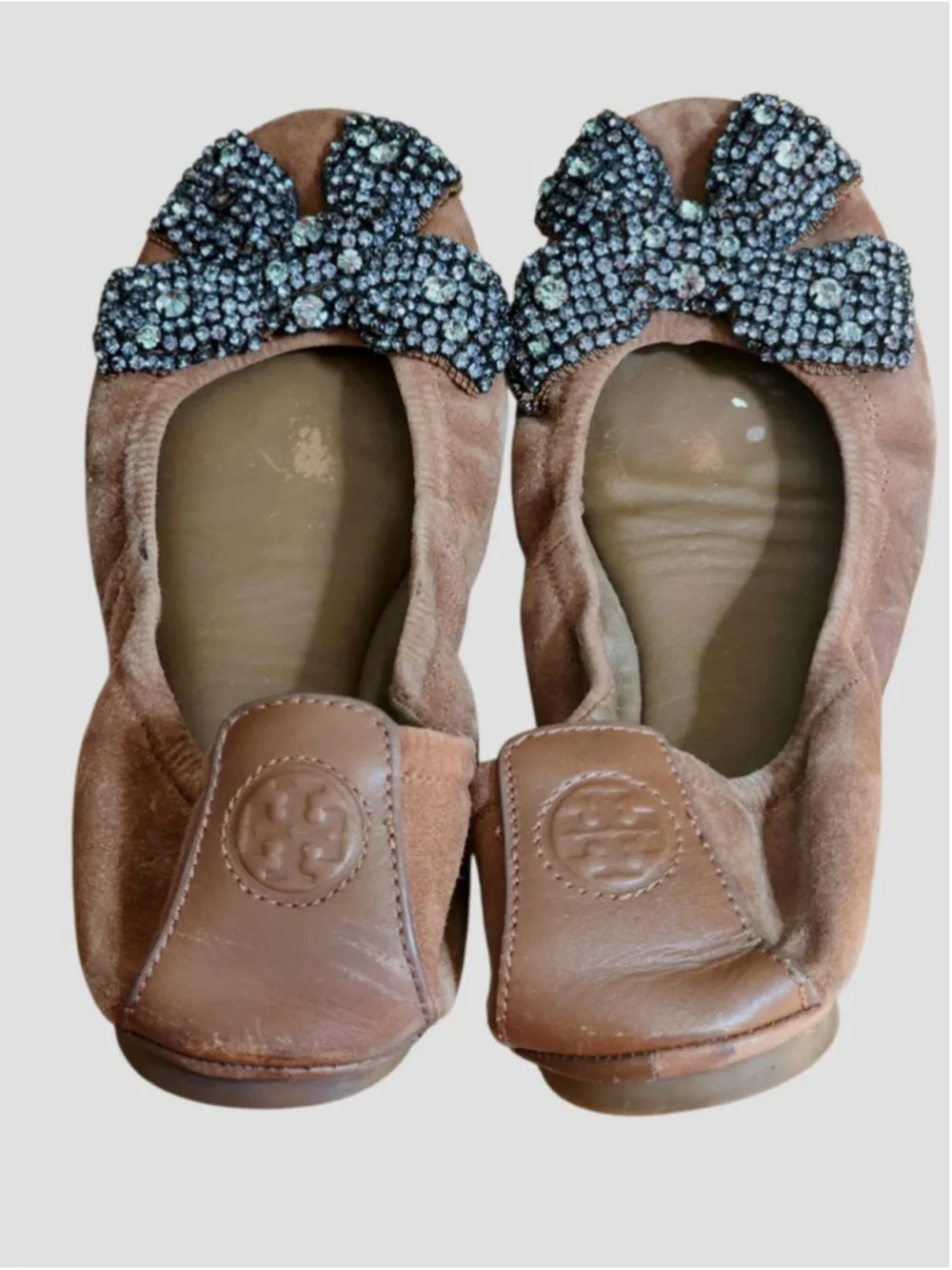 TORY BURCH Eddie‎ Brown Suede Ballet Flats Embellished Bows Rhinestones Size 7